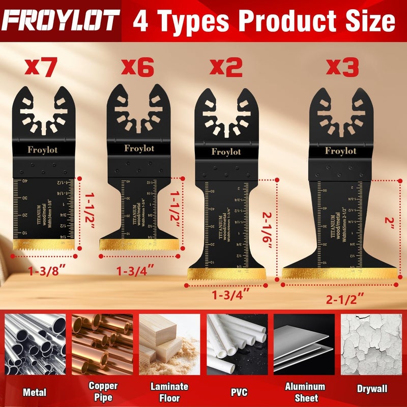 FROYLOTㅤ 18PCS Titanium Oscillating Saw Blades Kits, 2X Speed Universal Multi Tool Blades for Metal, Cutting Wood, Nail, Plaster Wall, Blades for Multi-Tool Fit DeWalt Milwaukee Ryobi Rockwell Fein Makita - Image 2